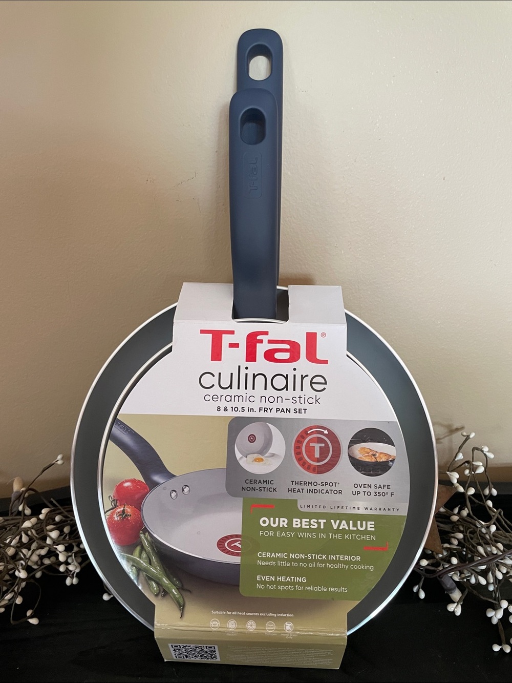 NEW T-Fal Culinaire Ceramic Non-Stick Fry Pan Set - 8” & 10.5” -Blue